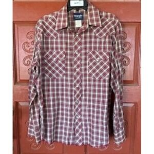 VTG Wrangler Western Plaid Shirt Mens ‎ Long Sleeve Pearl Snap Red Tan Size M